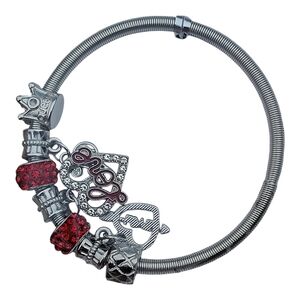 Silver-Tone Charm Bracelet with‎ Red Crystal Beads and Love Heart Charm